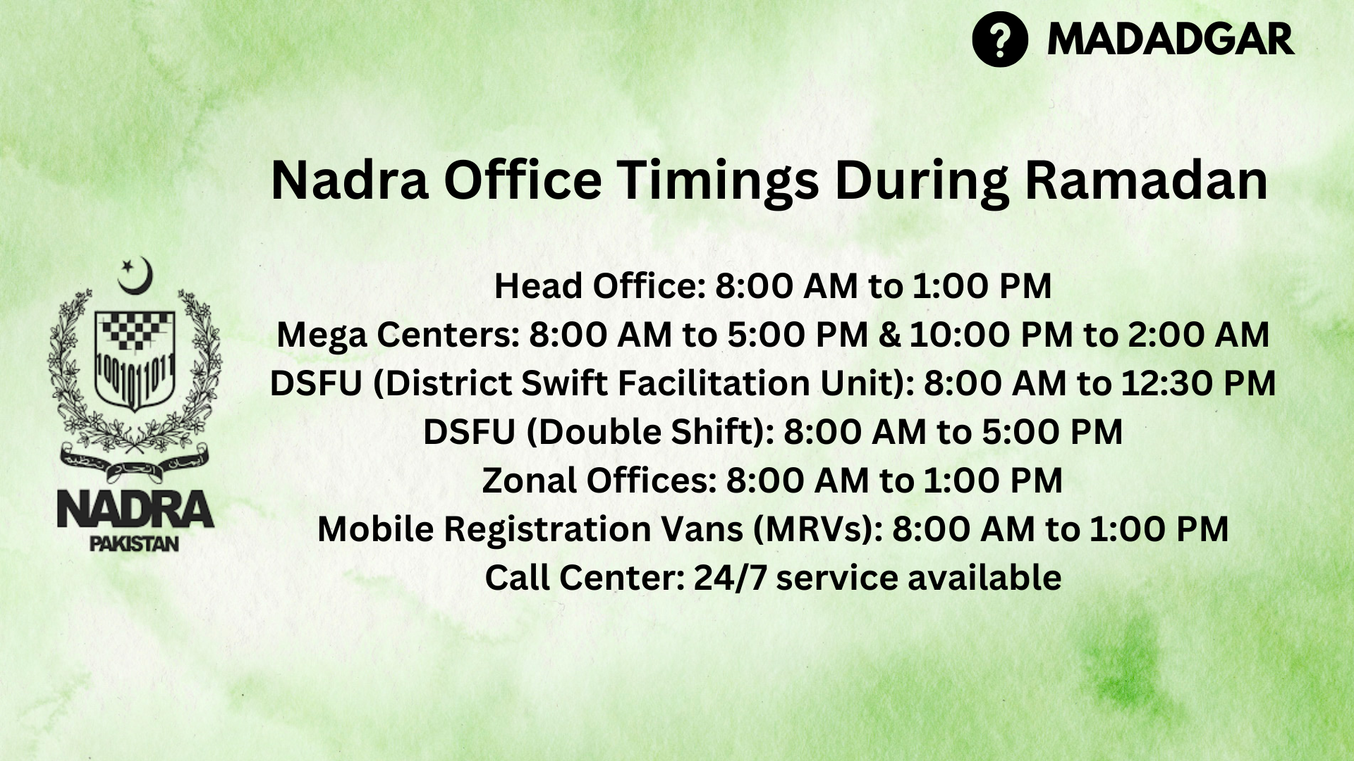 NADRA Office Timing in Ramadan 2025
